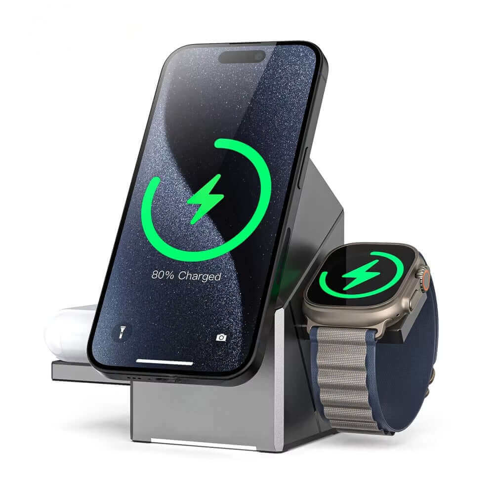 Modern Mi CHARGE Magnetic Station Charger for wireless mobile devices, featuring innovative design and 3-in-1 charging capability.