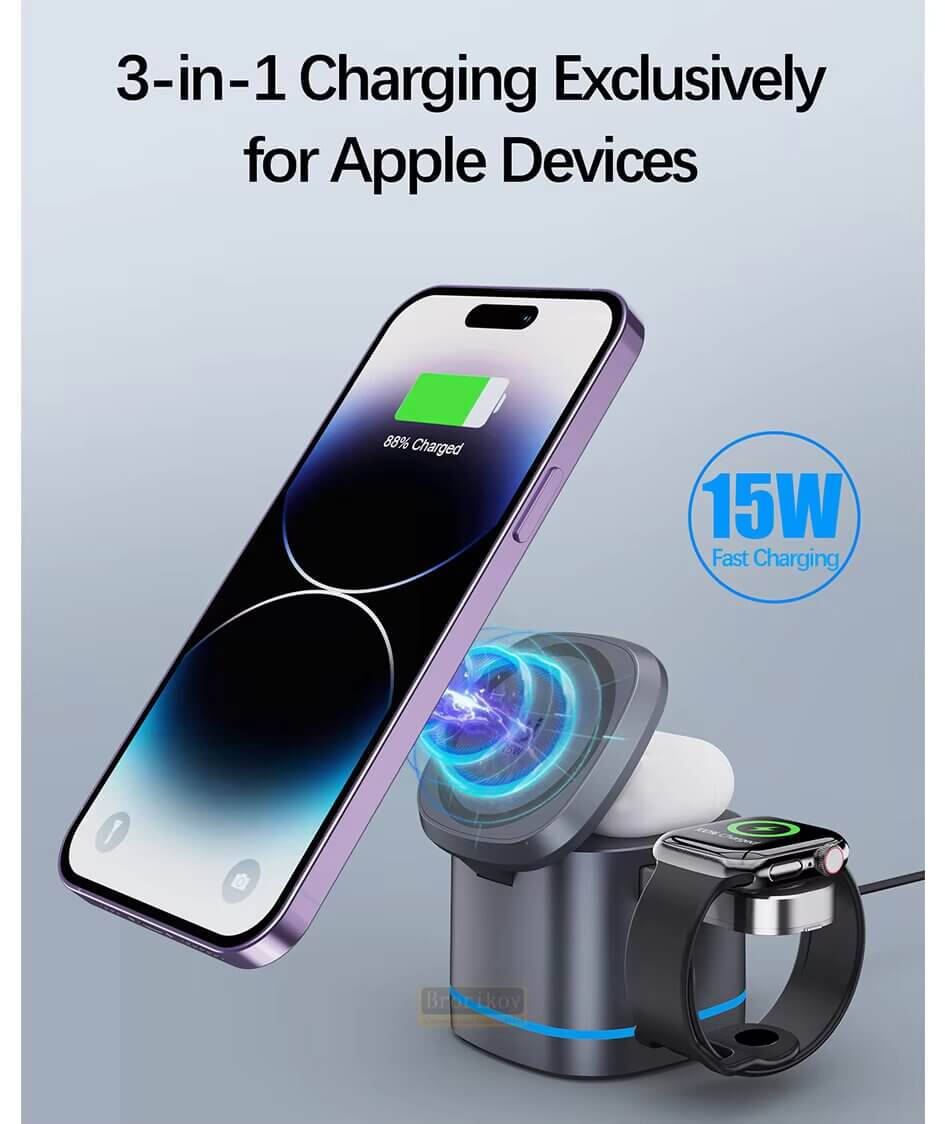 Mi CHARGE Fancy Magnetic Wireless Charger for iPhone, Apple Watch, AirPods, 3-in-1 charging station, wireless mobile chargers.