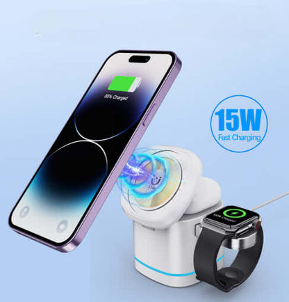 Mi CHARGE Fancy Magnetic Wireless Charger charging iPhone, AirPods, and Apple Watch with 15W fast charging.