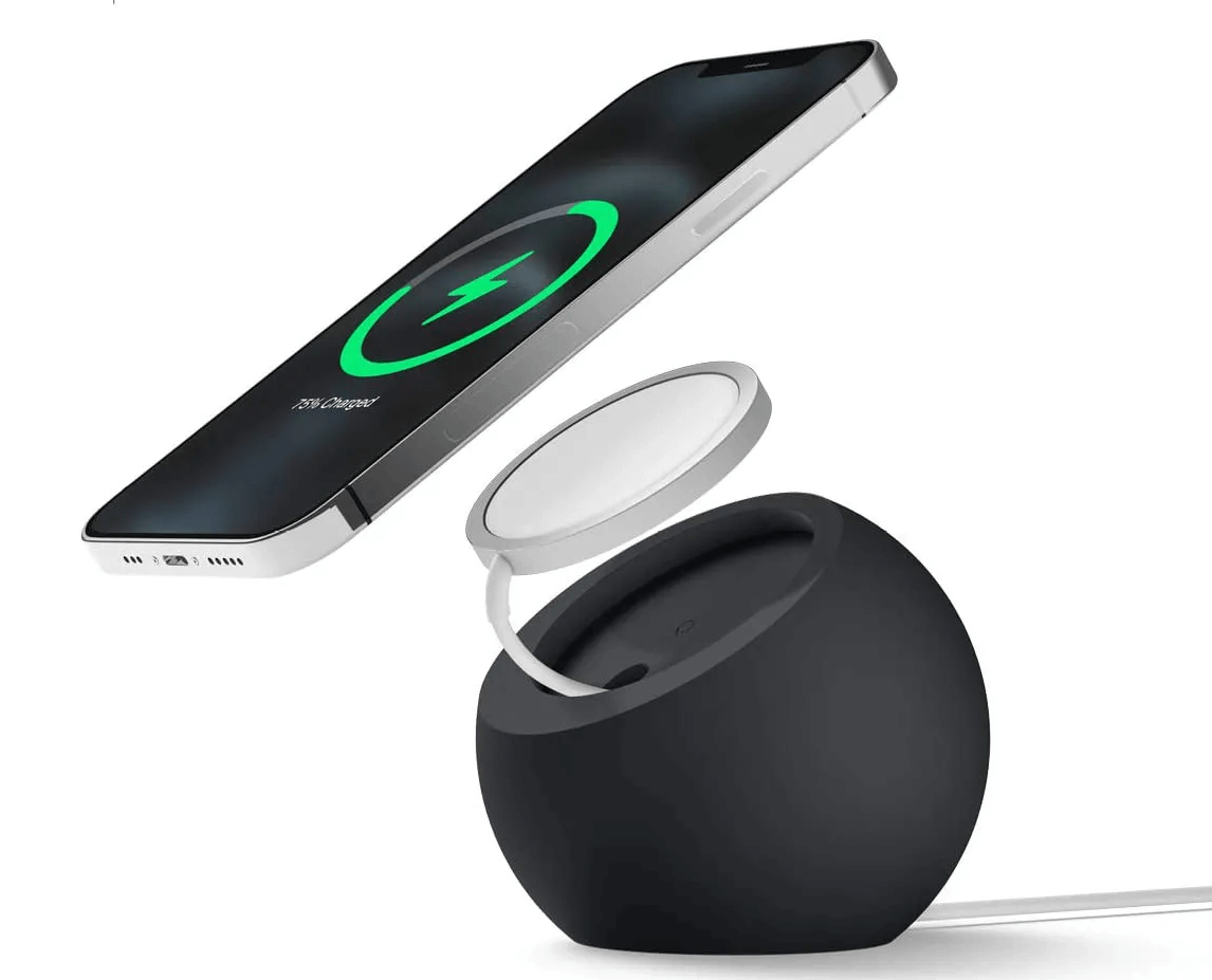 Wireless mobile charger supporting Apple phone with eco-friendly silicone stand.