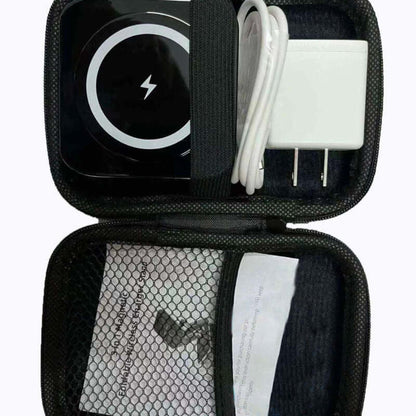 Mi CHARGE Pocket Charger set in a travel case with wireless charger pad, charging cable, and adapter for tech enthusiasts.