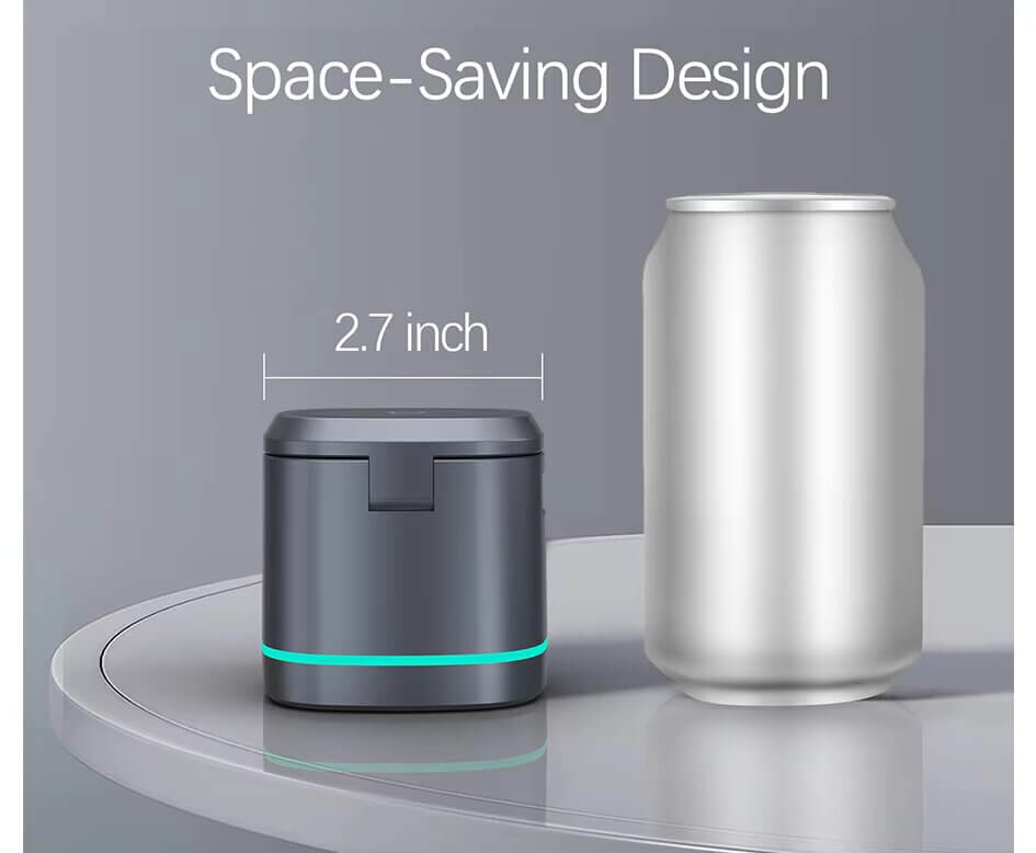 Compact Mi CHARGE Fancy Magnetic Wireless Charger next to a soda can, highlighting its space-saving design for convenient travel use.